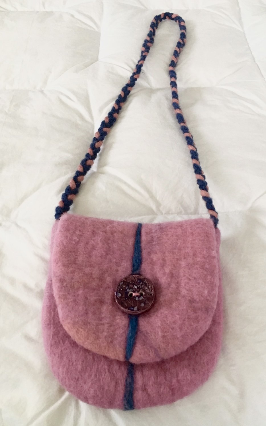 Hand dyed and felted Purse with Braided Felt Strap & Handmade Button - wool colored with Indigo and Cochineal dye
