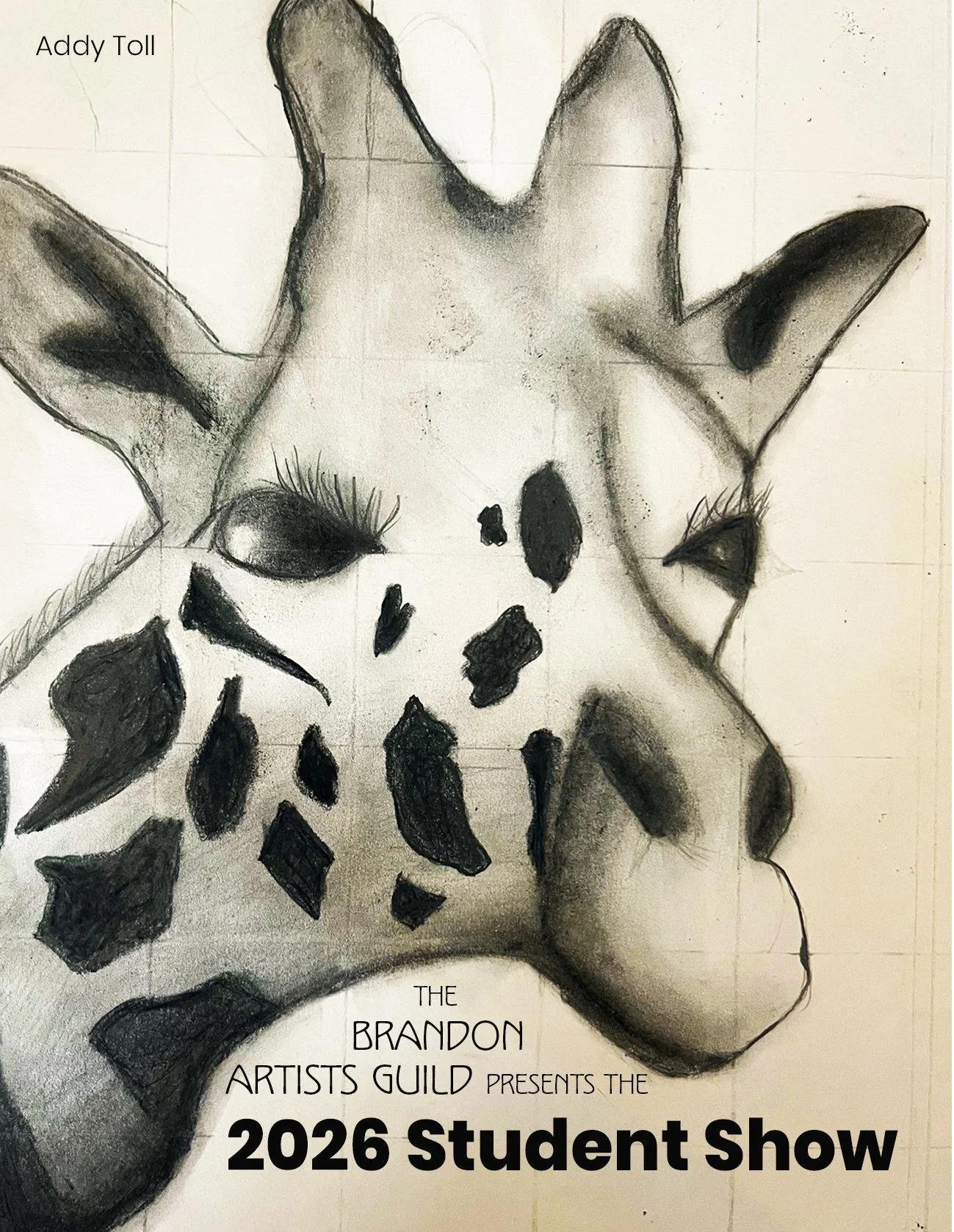 Charcoal drawing of a giraffe's head and neck, with text overlay promoting the 2026 Student Show presented by the Brandon Artists Guild.