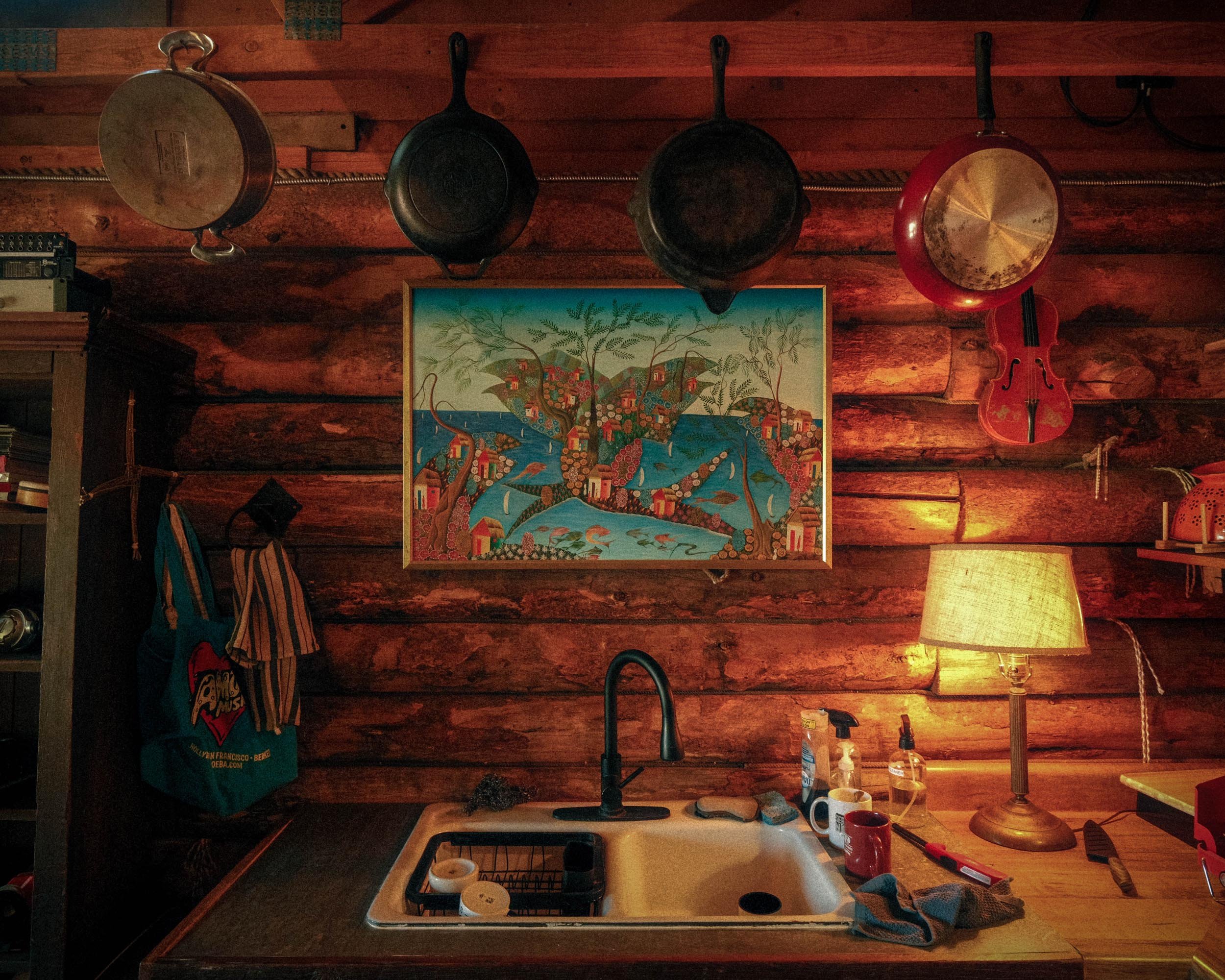 Kitchen scene with wooden logs on the wall, hanging pots, a colorful framed painting, a lamp, a sink with soap, coffee cups, and various kitchen items on the countertop.