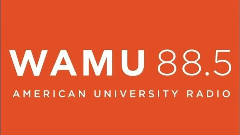 Logo of WAMU 88.5, American University Radio, on an orange background.