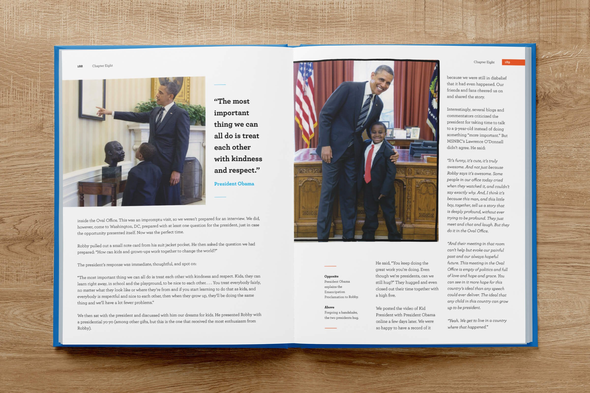 Book layout with photos of Kid President and Obama together