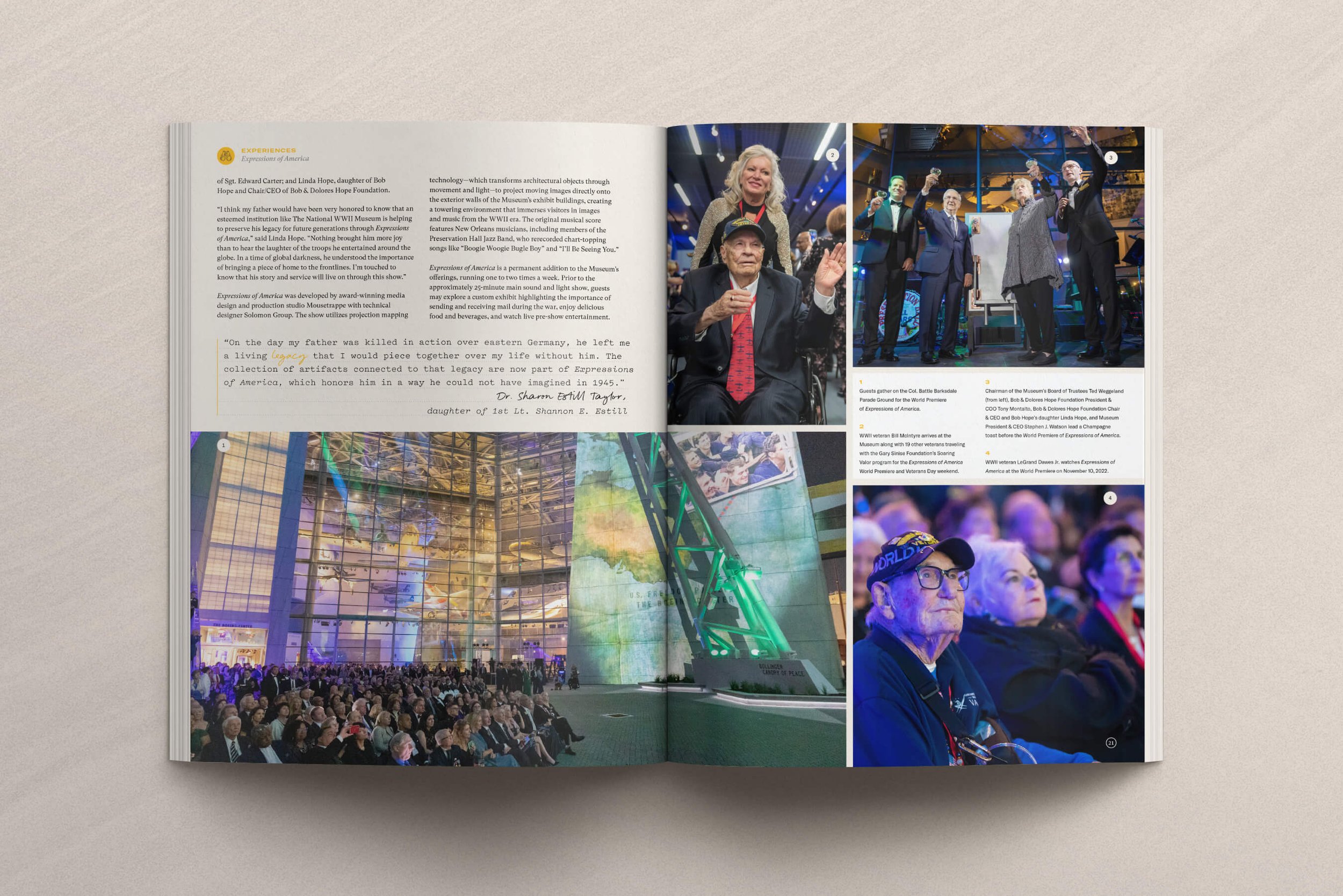  An annual report spread featuring images of people attending an opening event at the world war ii museum, with various panels showing speakers on stage and engaged audience members, set against a background of a large, illuminated venue. 
