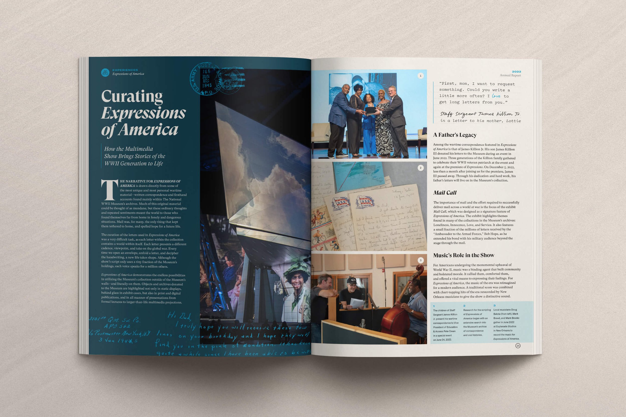  Open book featuring an article titled "curating expressions of america" with images of artifacts, a group of people smiling, and archival documents. 