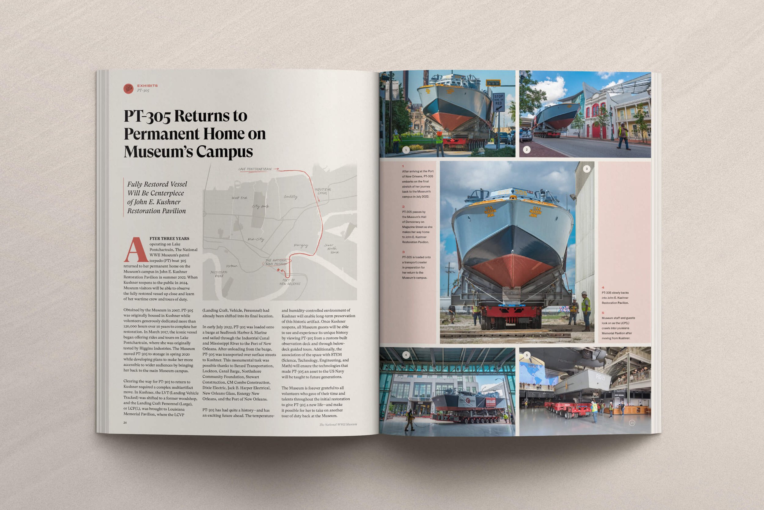  Open annual report spread featuring an article about pt-305's return to the national world war ii museum in New Orleans. the pages include text, photos of the old boat traveling through the city, and a map of the museum campus. 