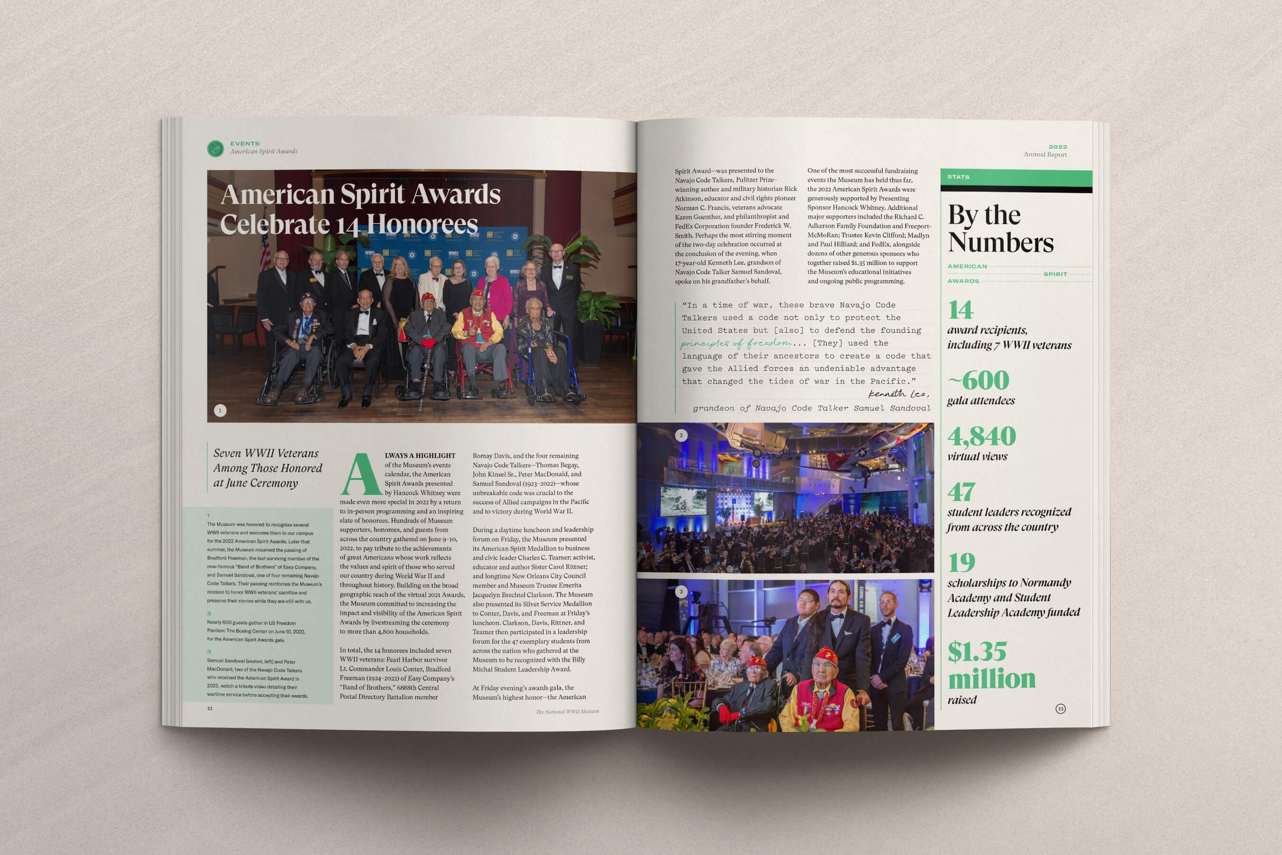  An open book spread featuring an article about the american spirit awards with a photo of honorees seated on stage and an audience applauding. text and statistics are visible on the right page. 