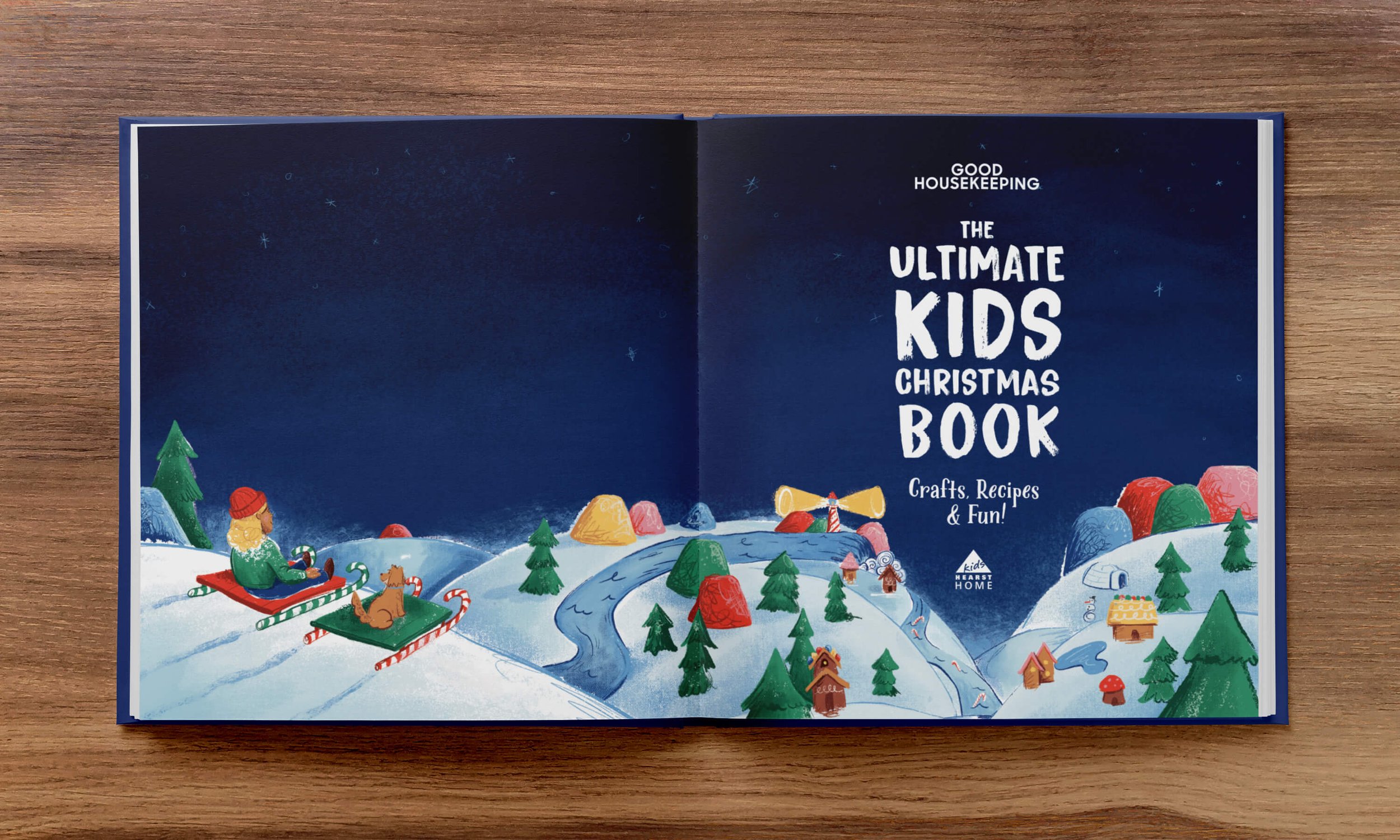  Open book on a wooden table featuring a winter night scene on the left and the cover of "the ultimate kids christmas book" with crafts, recipes, and fun ideas on the right. 