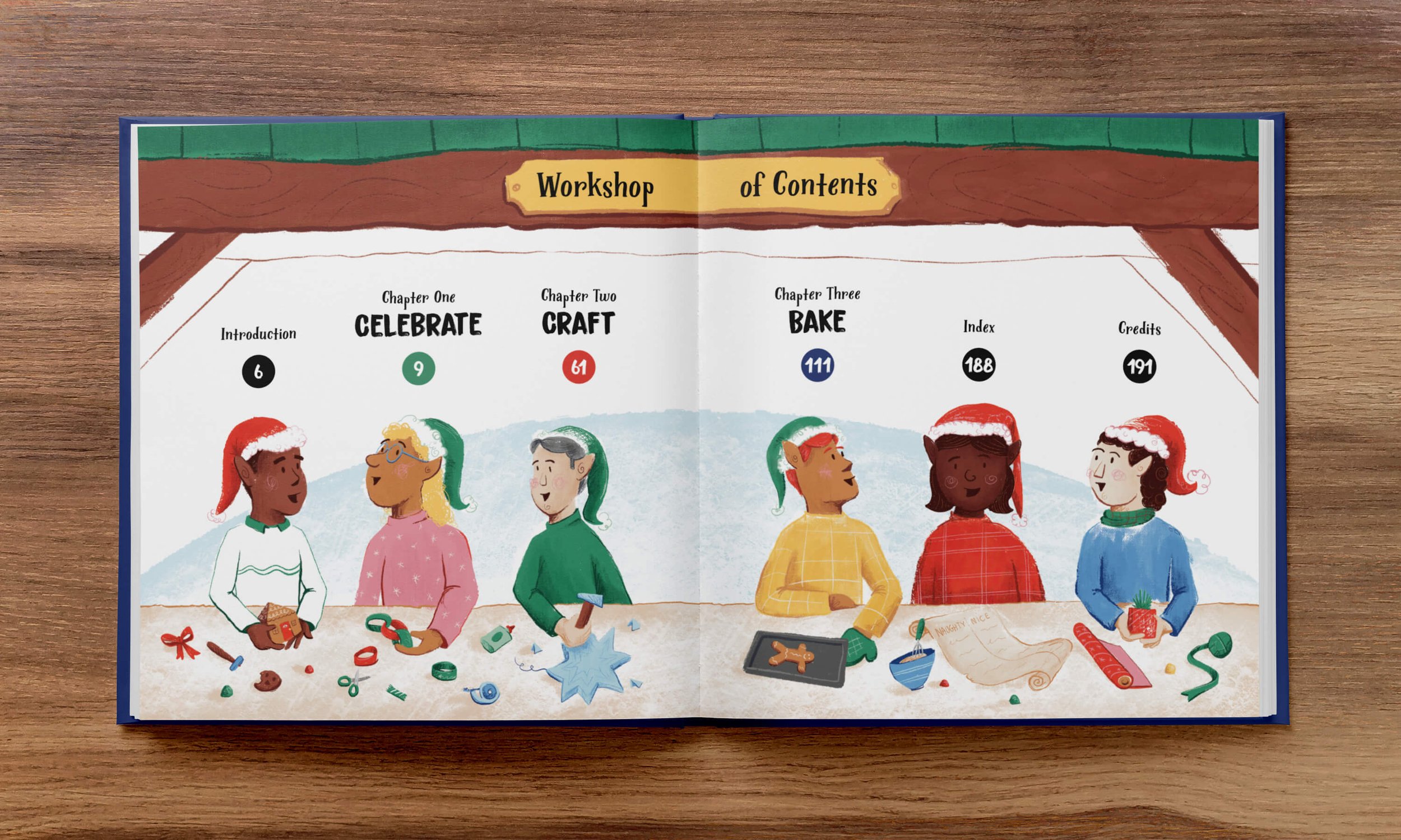  An illustrated table of contents shows a Christmas elf workshop along a wooden table, featuring elves engaged in crafting, baking, and celebrating, each labeled with chapter titles and page numbers. 