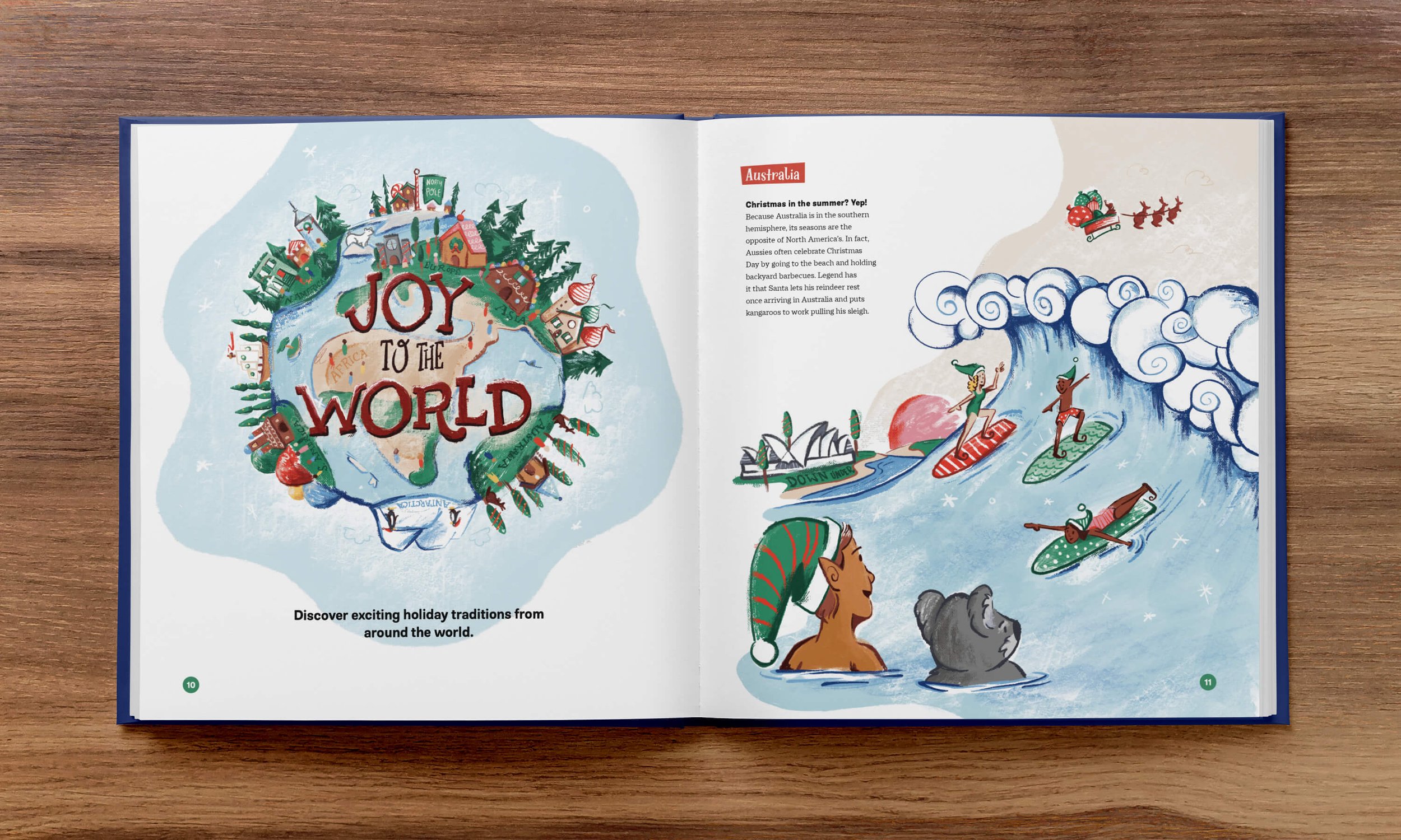  An open book on a wooden table displaying a colorful illustration with the text "joy to the world" and scenes depicting holiday traditions from around the world. On the right, elves surf in Australia on Christmas. 