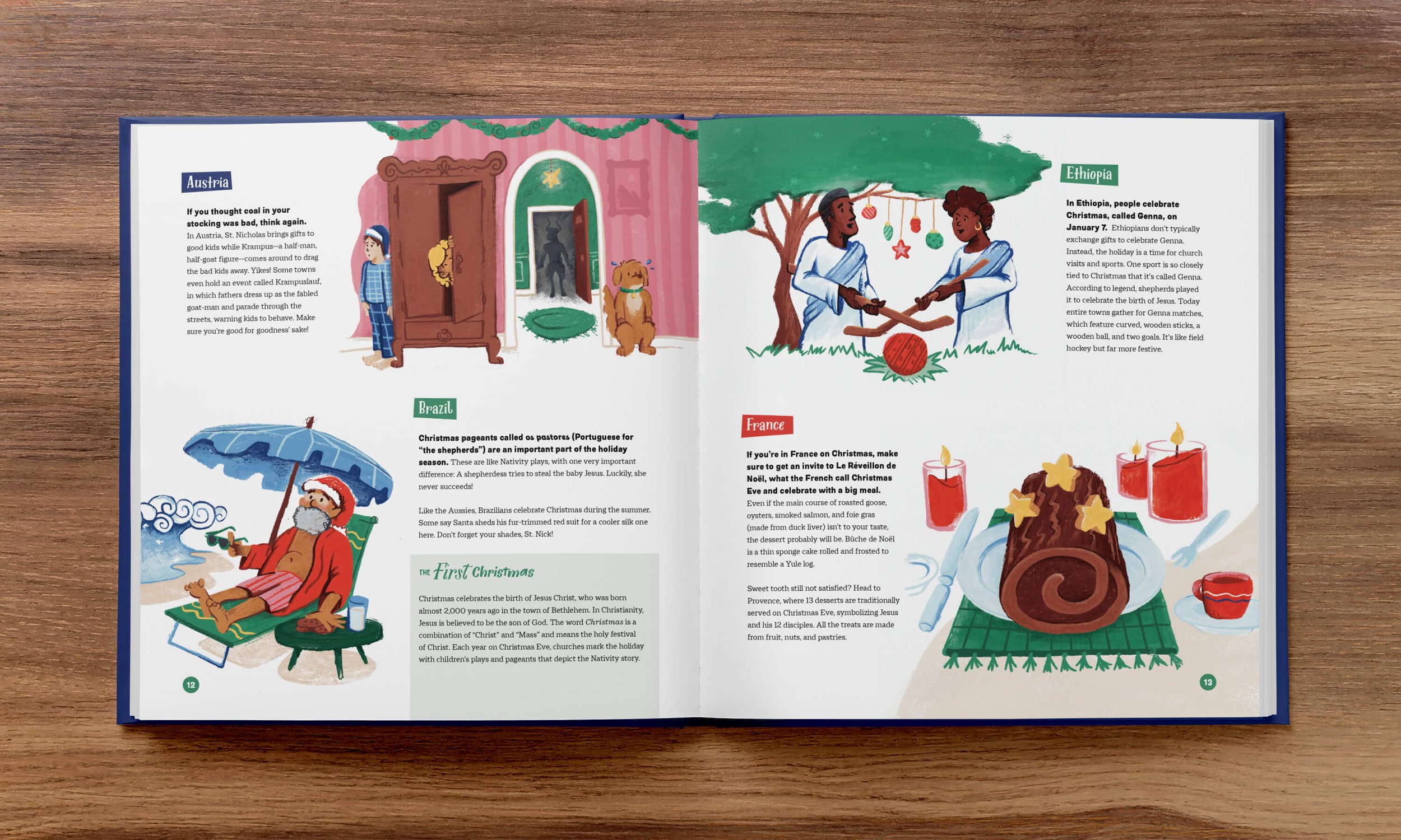  An open children's book showcasing vibrant illustrations and text about various Christmas celebrations in Austria, Brazil, Ethiopia and France. 