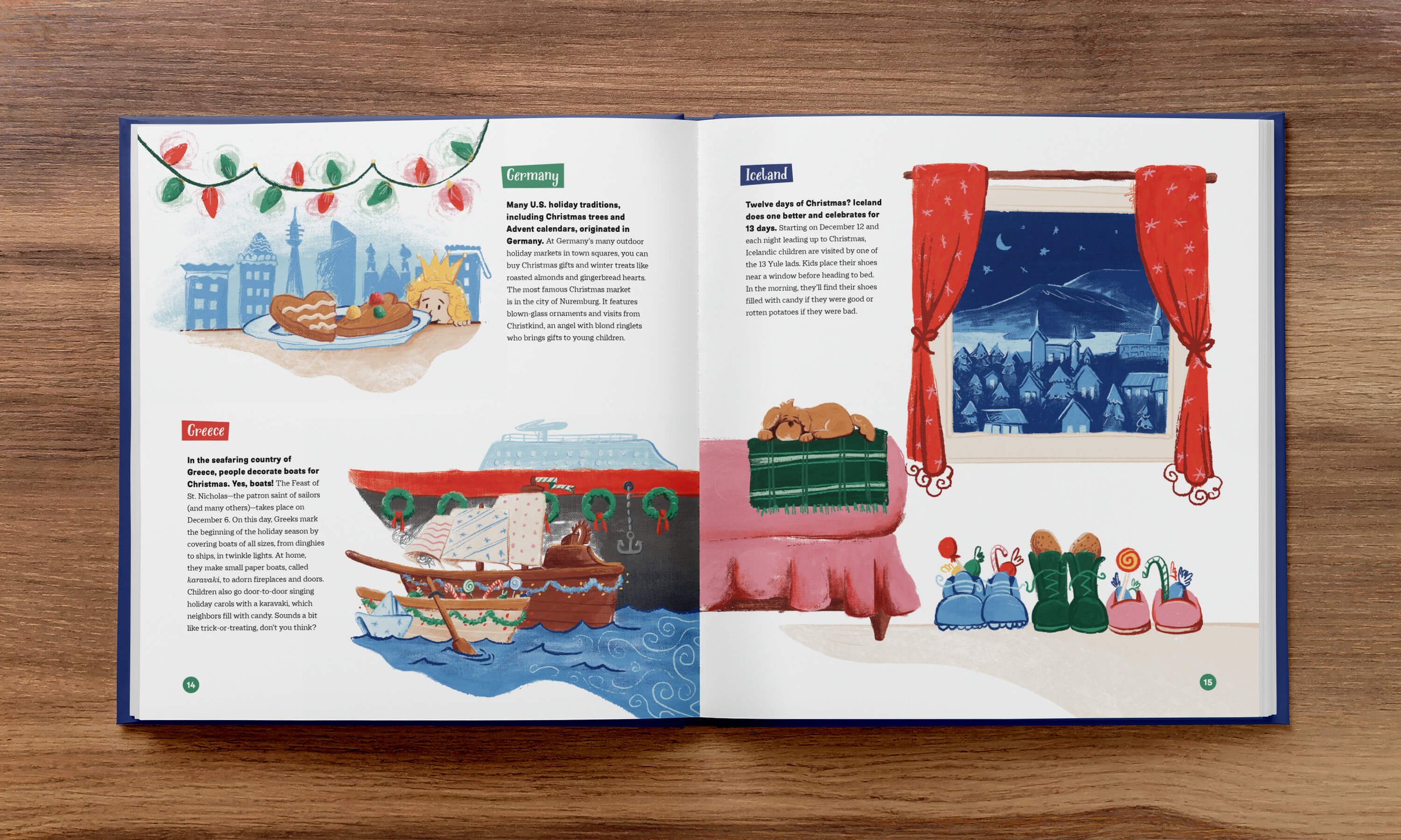  An open children's book with illustrations featuring christmas-themed scenes on a wooden table. the left page describes holiday customs in Germany and Greece while the right page shows a wintery night through a window in Iceland. 