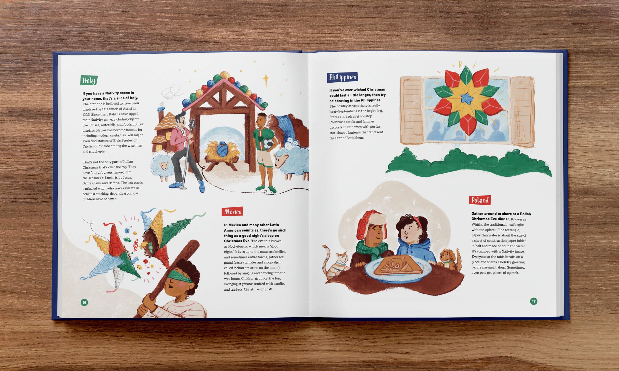  An open children’s book on a wooden table displaying colorful illustrated pages about diverse Christmas traditions in Italy, Mexico, Philippines and Poland. 