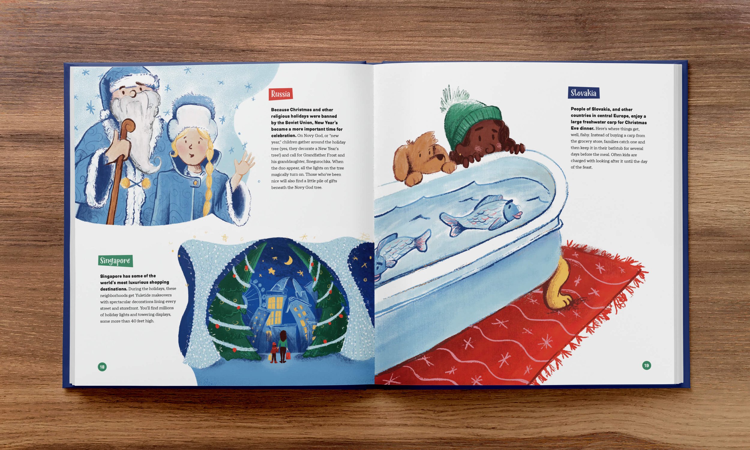  An open children's book on a wooden table featuring colorful illustrations of holiday themes, including a santa claus figure from Russia, a snowy shopping scene in Singapore, and a child and dog peering in at a fish in a bathtub in Slovakia. 