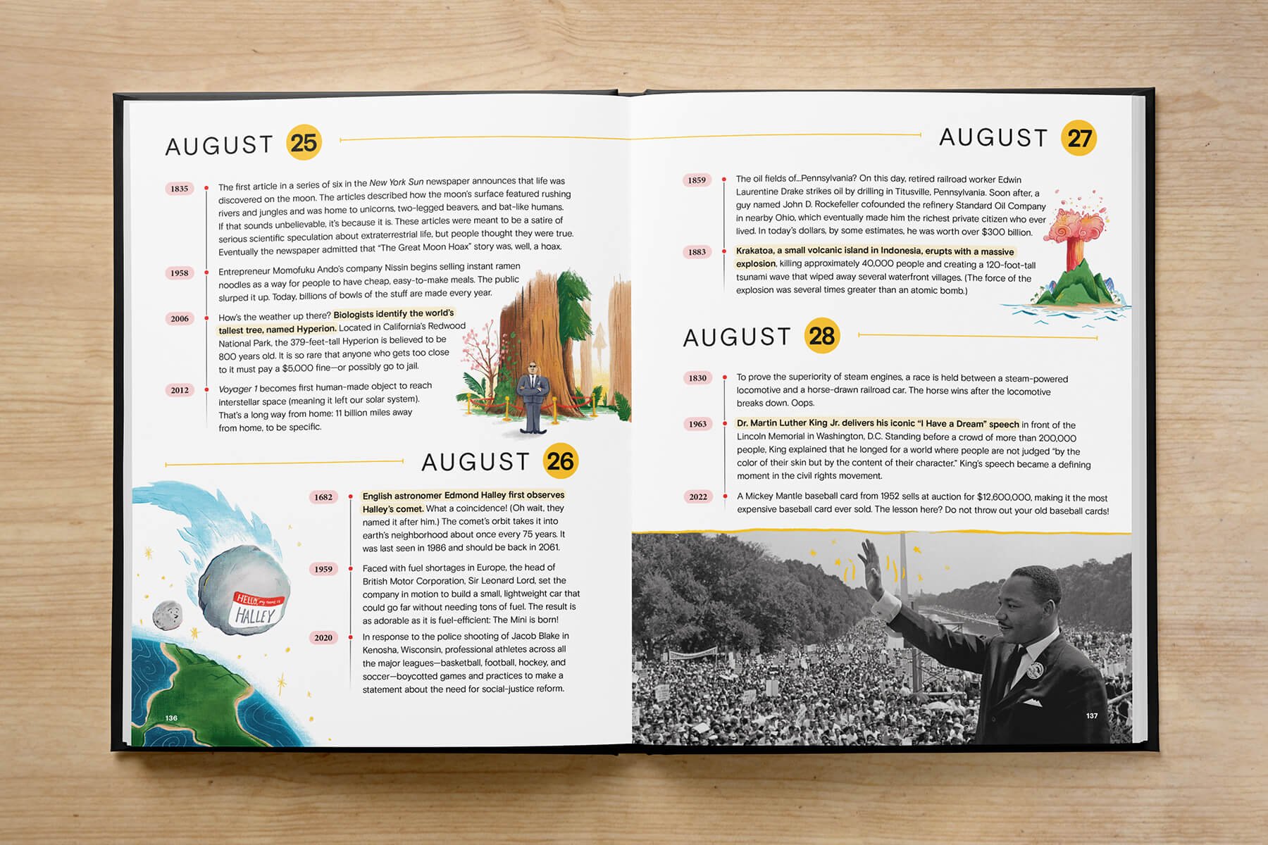  An open book with illustrated pages highlighting significant global events marked by specific dates in august, including environmental, political, and cultural themes like Martin Luther King Jr.’s march on Washington, accompanied by vibrant artwork 