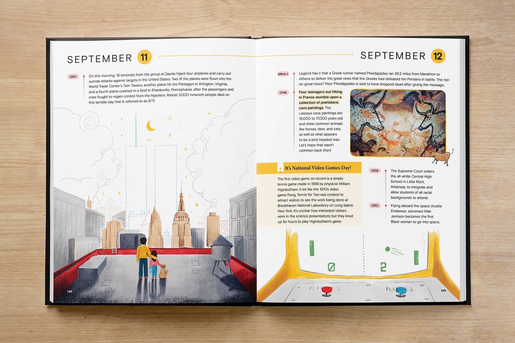  An open book with illustrated pages depicting significant events from september 11th and september 12th, with the left page showing a serene illustration of two people looking towards the twin towers, and the right page featuring a drawing of the ar