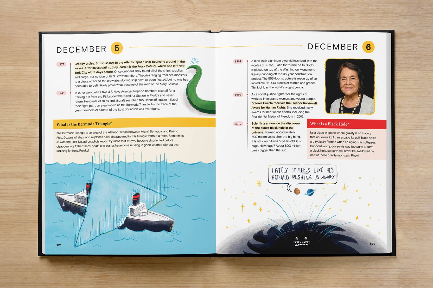  Open book featuring a two-page spread with date headers "december 5" and "december 6," each containing an illustration and text. the left page depicts a ship at sea in the Bermuda Triangle, while the right page showcases a portrait of Dolores Huerta