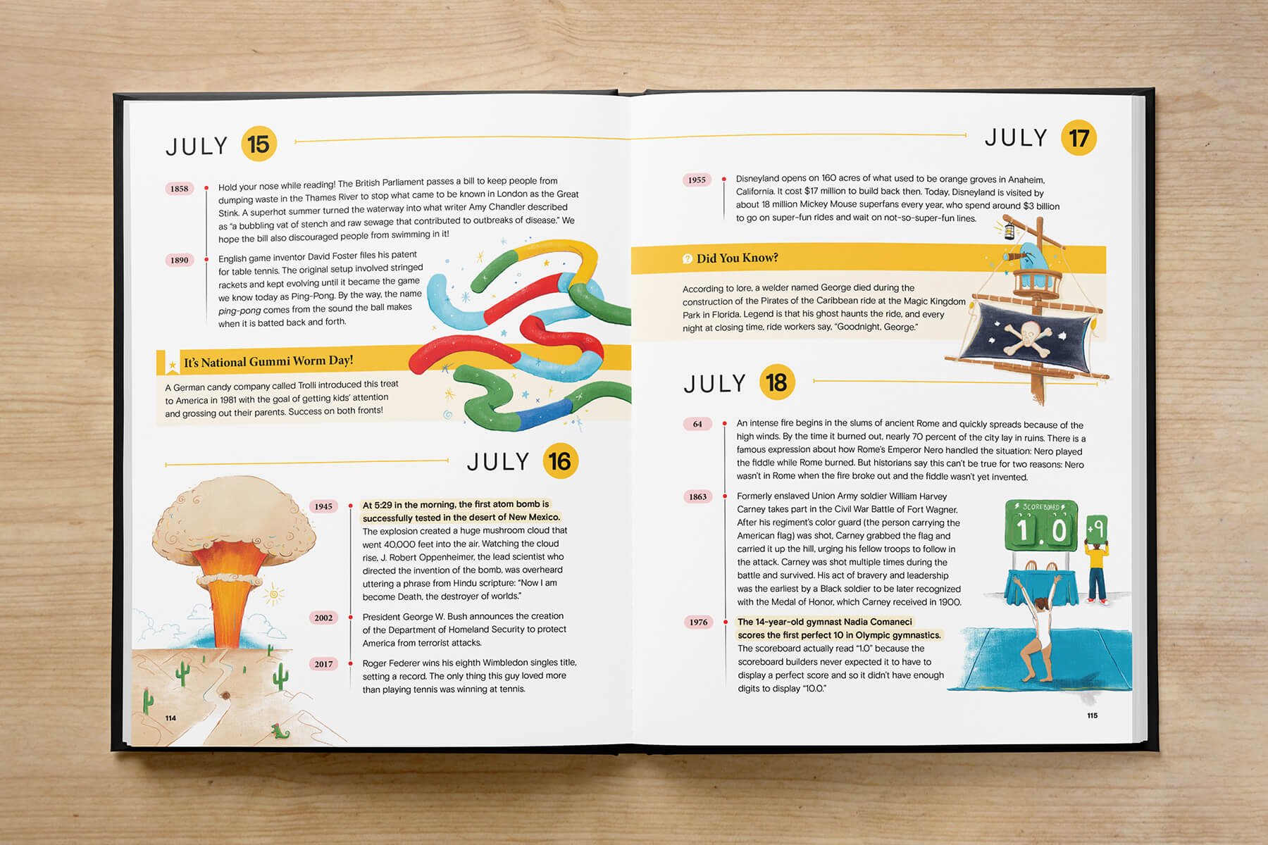  An open book displaying a colorful two-page spread with illustrations and text, seemingly about different dates in july, with drawings of a mushroom cloud, gummy worms, a ghost on a pirate ship, and a gymnast getting a high score. 