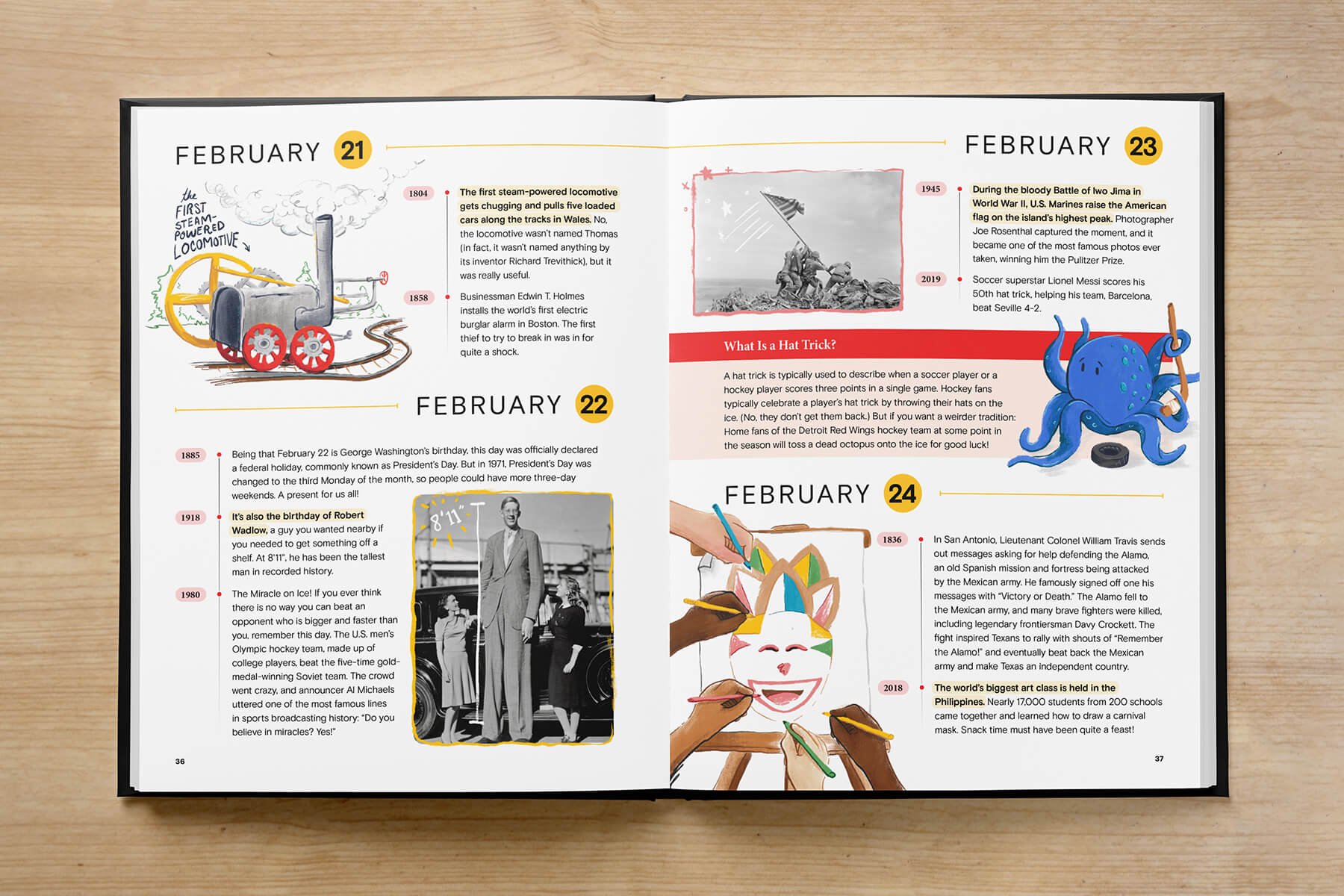  An open book displaying a colorful and engaging timeline with various illustrations and photographs, representing the world’s tallest man, the invention of the steam engine, raising the flag on Iwo Jima, and an octopus playing hockey. 