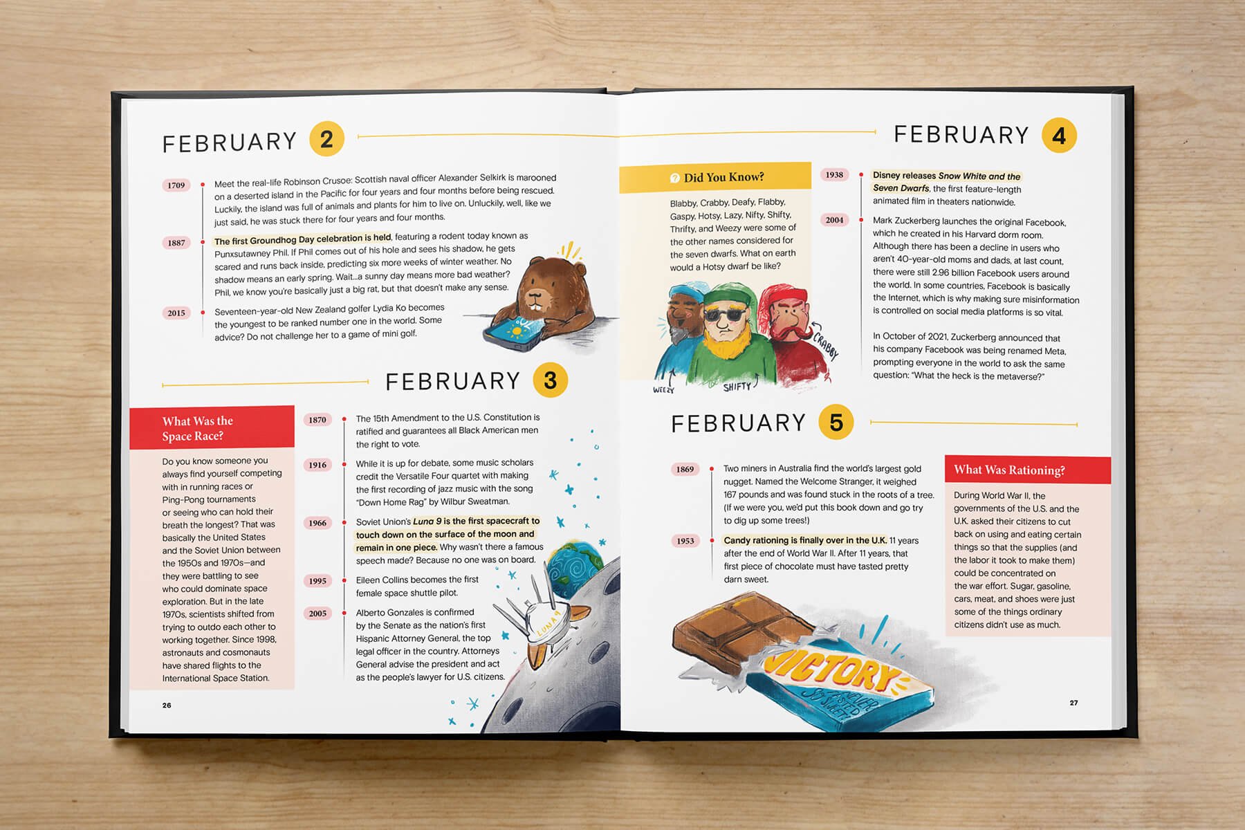  An open book with illustrated and text content from february 2 to february 5, with colorful illustrations of a groundhog checking a weather app, a lunar landing, a chocolate bar, and rejected dwarves from the Snow White story. 