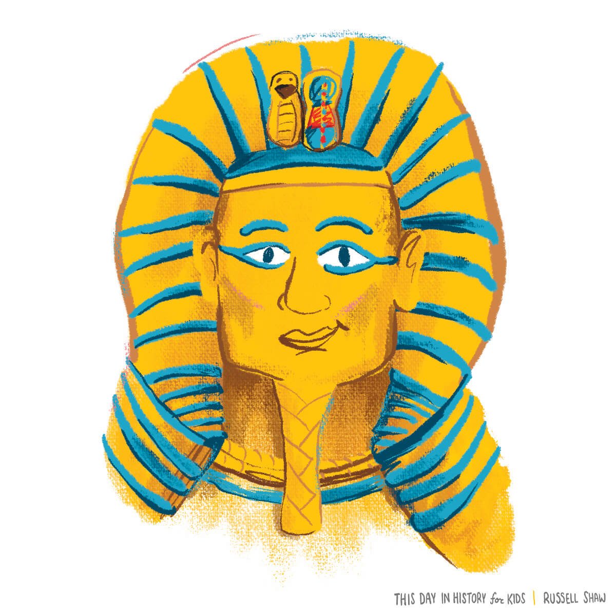  Illustration of the ancient egyptian pharaoh King Tut's head with a colorful headdress denoting royalty and power. 