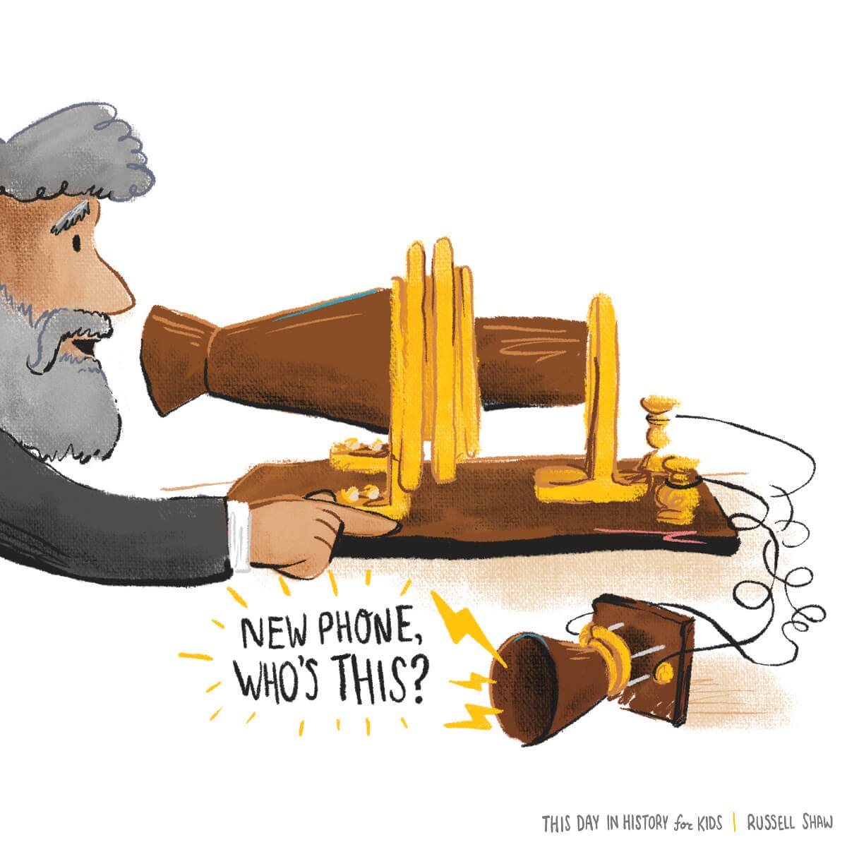  A whimsical illustration of alexander graham bell with an early telephone model, accompanied by a humorous modern-day text slang caption "new phone, who's this?" highlighting the contrast between historical communication technology and contemporary 