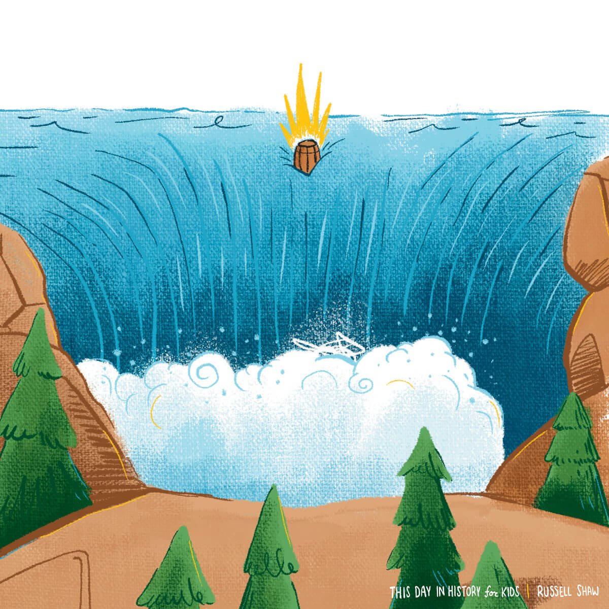  A whimsical illustrated scene showing a wooden barrel plunging into Niagra Falls in the water between cliff sides, with evergreen trees surrounding the area. 