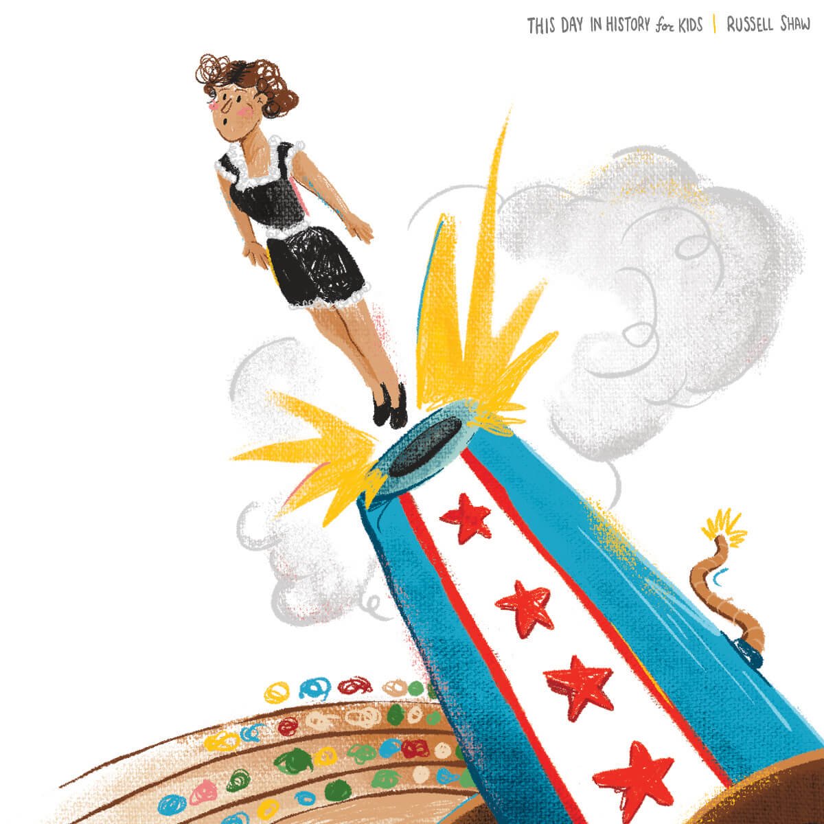  A whimsical illustration of a young girl being launched into the air from a colorful cannon, surrounded by a playful burst of smoke and stars, capturing a moment of adventurous make-believe. 