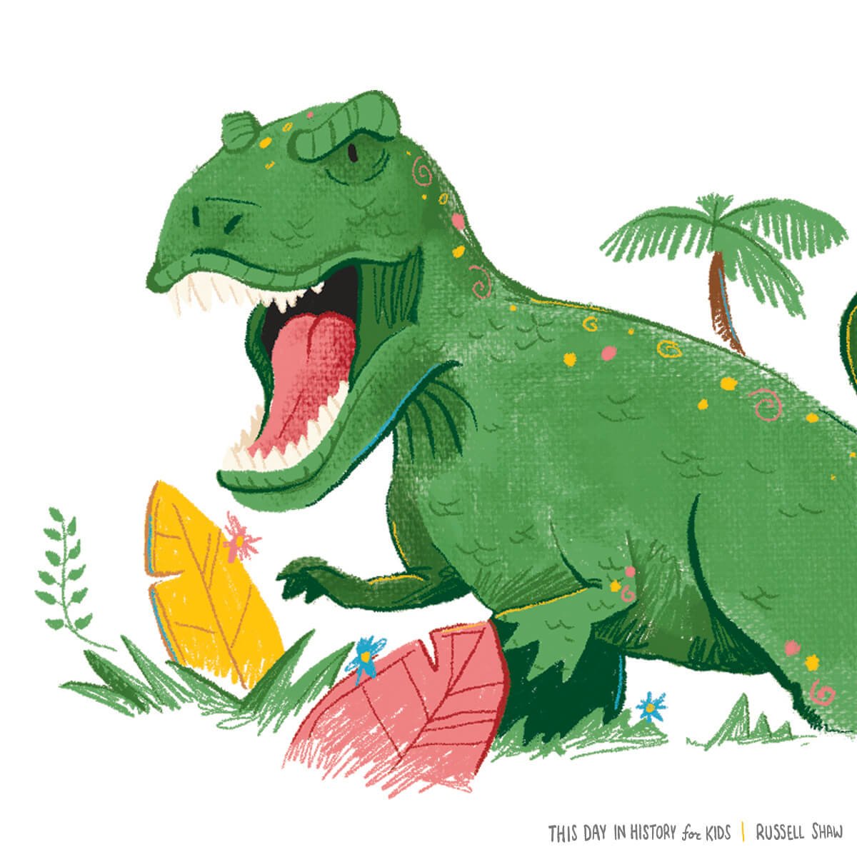  A whimsical drawing of a green dinosaur with decorative spots, happily stomping on leaves with a lush foliage in the background. 