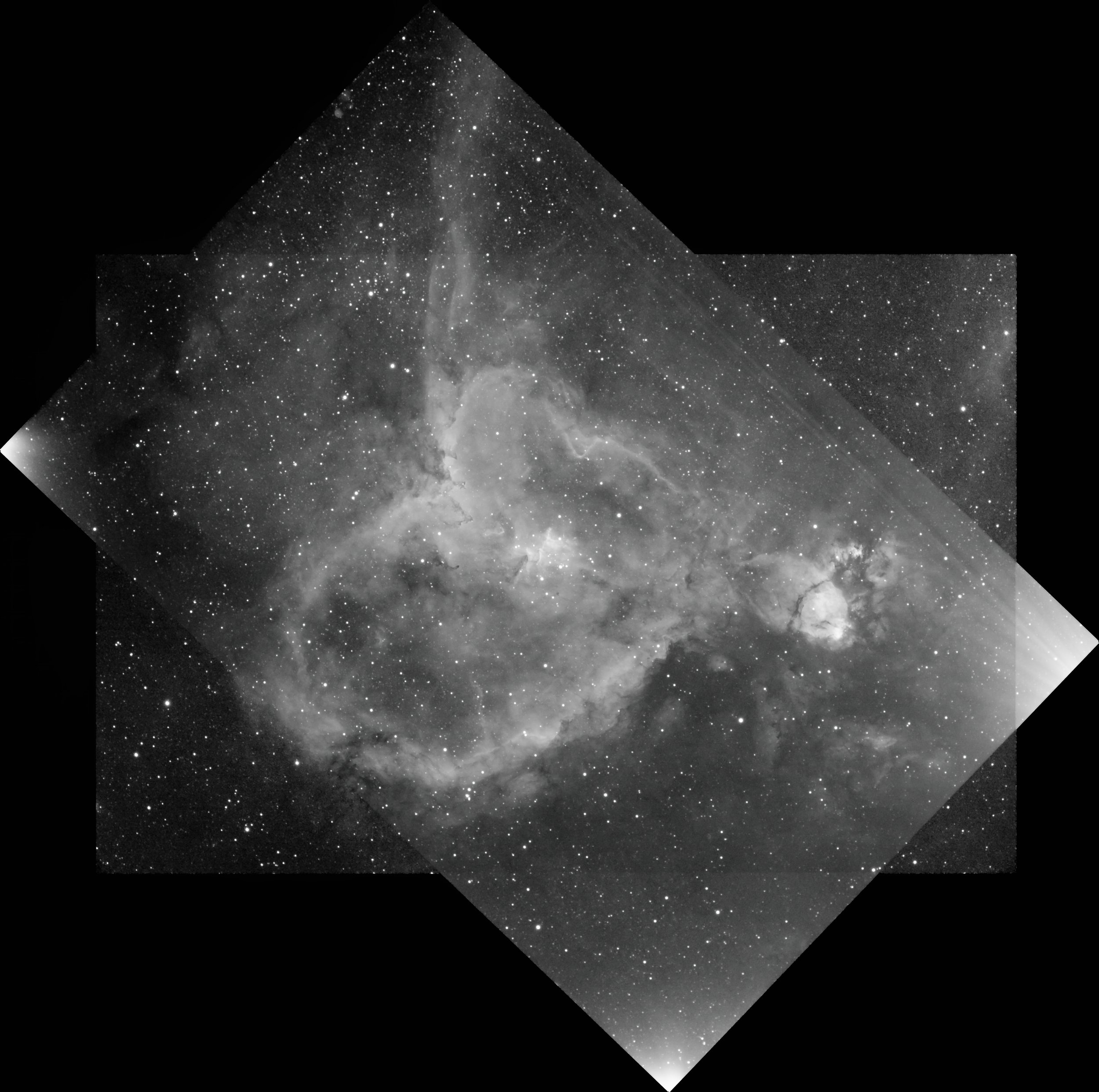 IC 1805, stacked unprocessed H-Alpha data from two different sessions. Here you can see not only one of the most amateur mistakes you can make, but also technical problems like amp glow, not enough data, noise caused by hot sensor.