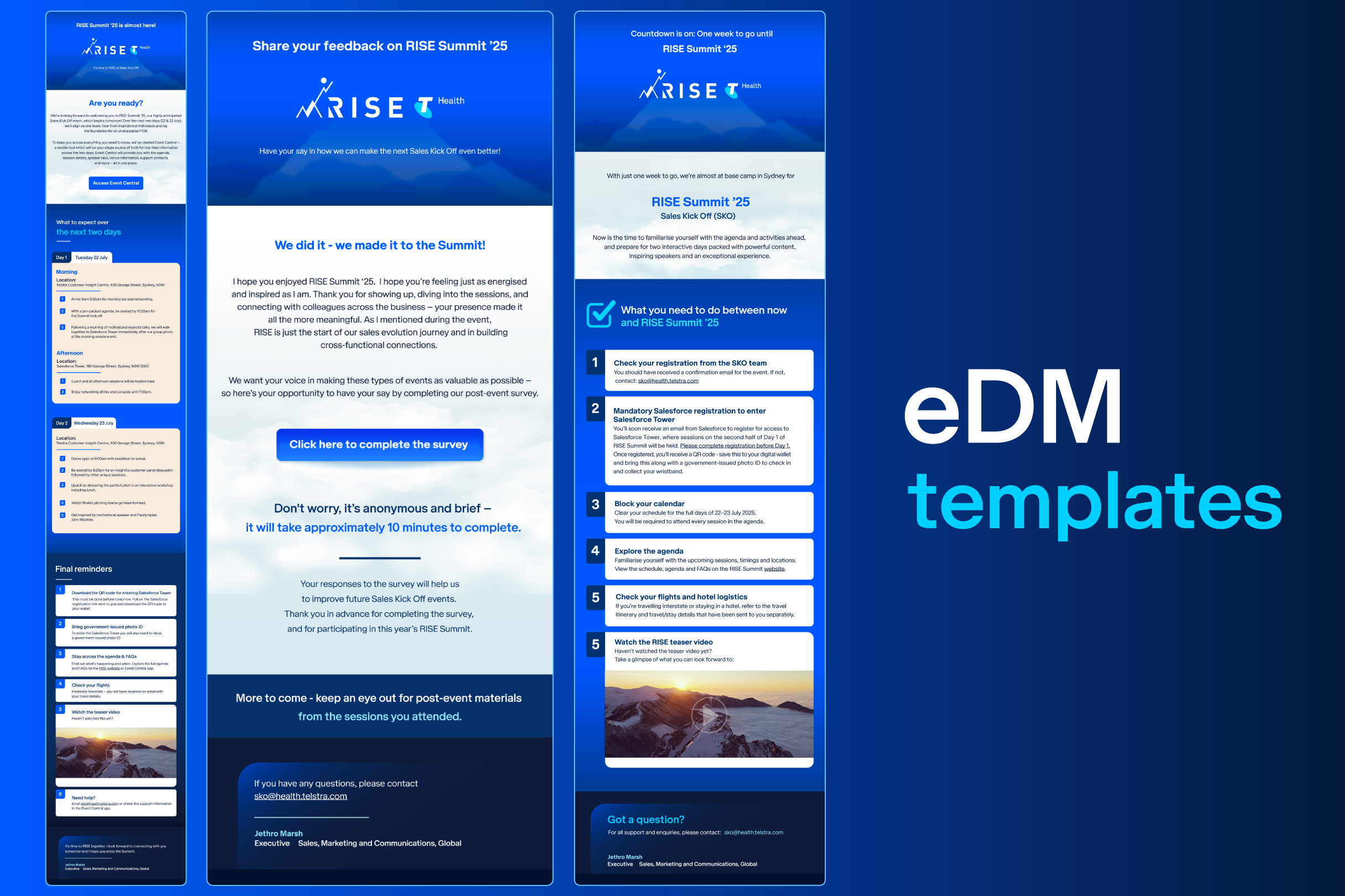 Screenshots of digital event materials including a welcome message, survey instructions, agenda, and logistics for the RISE Summit '25, with branding from Telstra Health. The main slide has a blue background with white and darker blue text, promoting