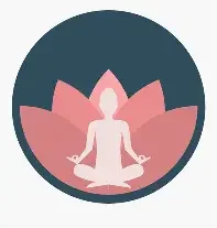 Illustration of a person meditating in a lotus position on a pink lotus flower, with a dark blue circular background.