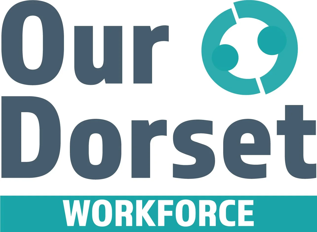 Logo for Our Dorset Workforce, featuring the text 'Our Dorset' in large dark gray letters and 'WORKFORCE' in white on a teal background, with a circular teal icon containing interconnected nodes.