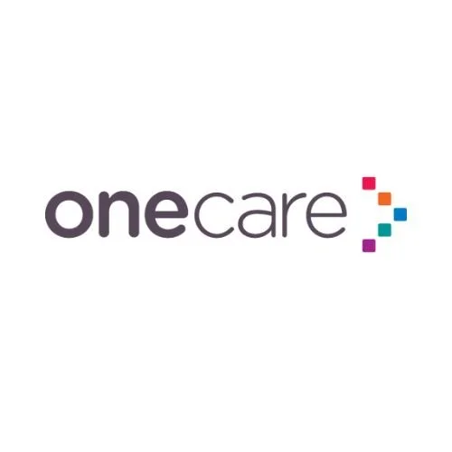 The logo for One Care featuring the words 'one care' and a colorful dot pattern to the right