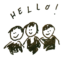Hand-drawn illustration of four smiling people and a dog with the word 'Hello!' at the top.