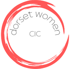Logo with red circular brushstroke and the text 'dorset women CIC' in the center.