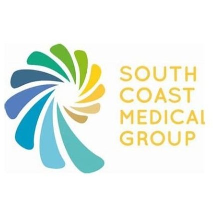 Logo of South Coast Medical Group featuring a colorful abstract swirl next to the text.
