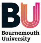 Bournemouth University logo with black, orange, and pink design elements and text