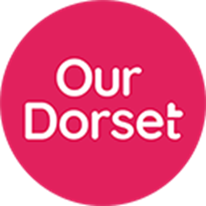Pink circular logo with white text that reads "Our Dorset."