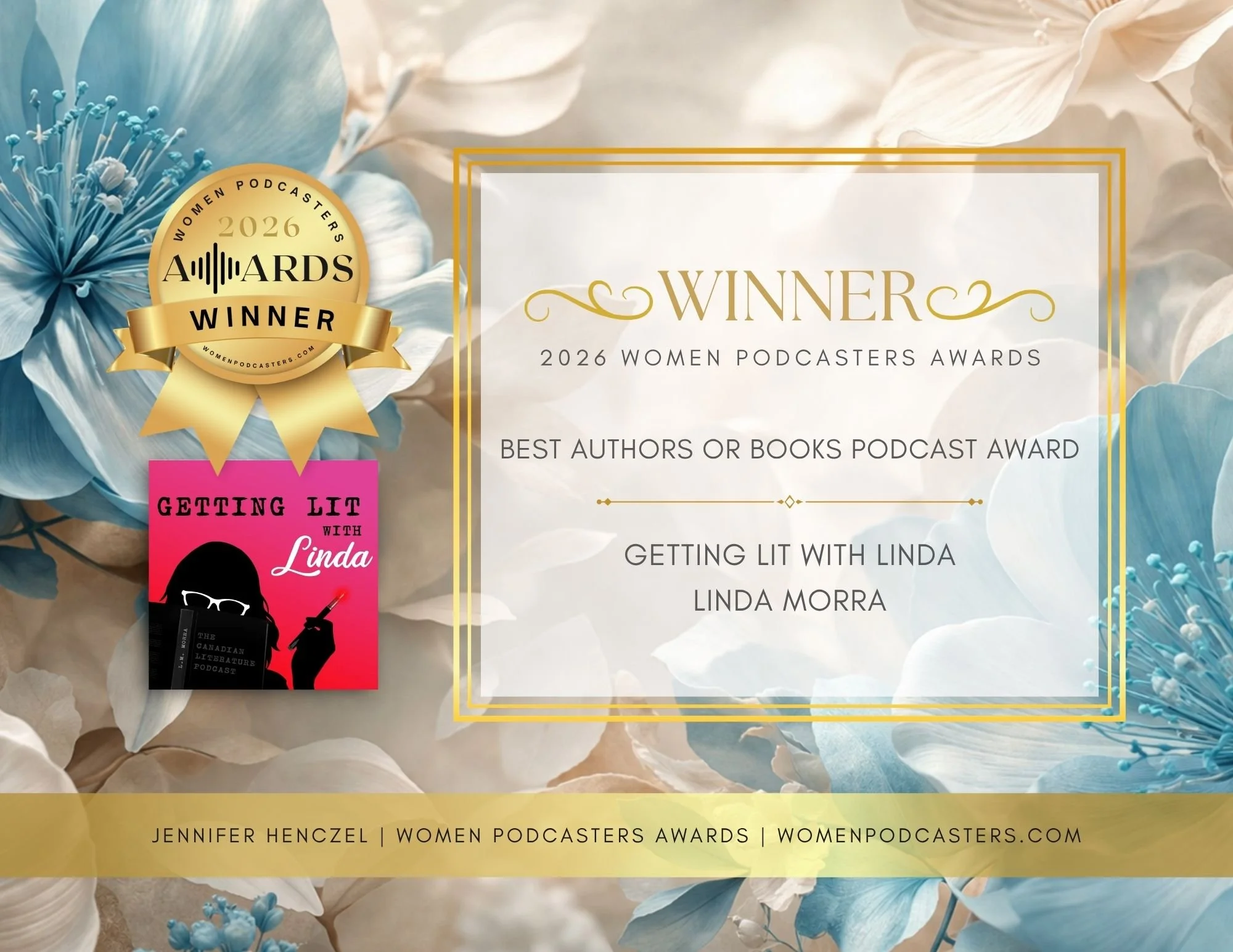 Announcement of 2026 Awards Winner on Top Left, and on bottom right a black silhouette of a woman wearing glasses on a background of hot pink) and text on the right that reads "Winner - 2026 Women Podcaster Awards, Best Authors or Books Podcast Award