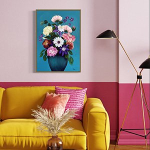 a mock up of a room with a print of one of nina capaldi's floral paintings framed on the wall