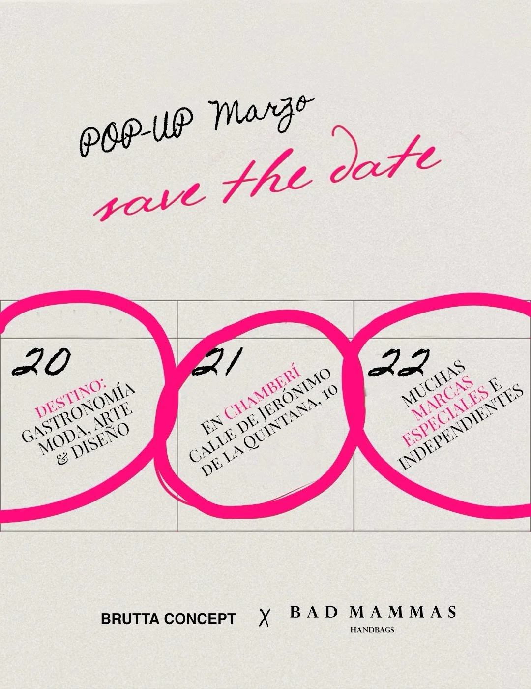 Este fin de semana nos vemos en Brutta Concept.

Un espacio donde la moda, la gastronom&iacute;a, el arte y el dise&ntilde;o se encuentran.
Y donde podr&aacute;s descubrir nuestras piezas en persona🔥

📍 Chamber&iacute;
📅 20 &middot; 21 &middot; 22