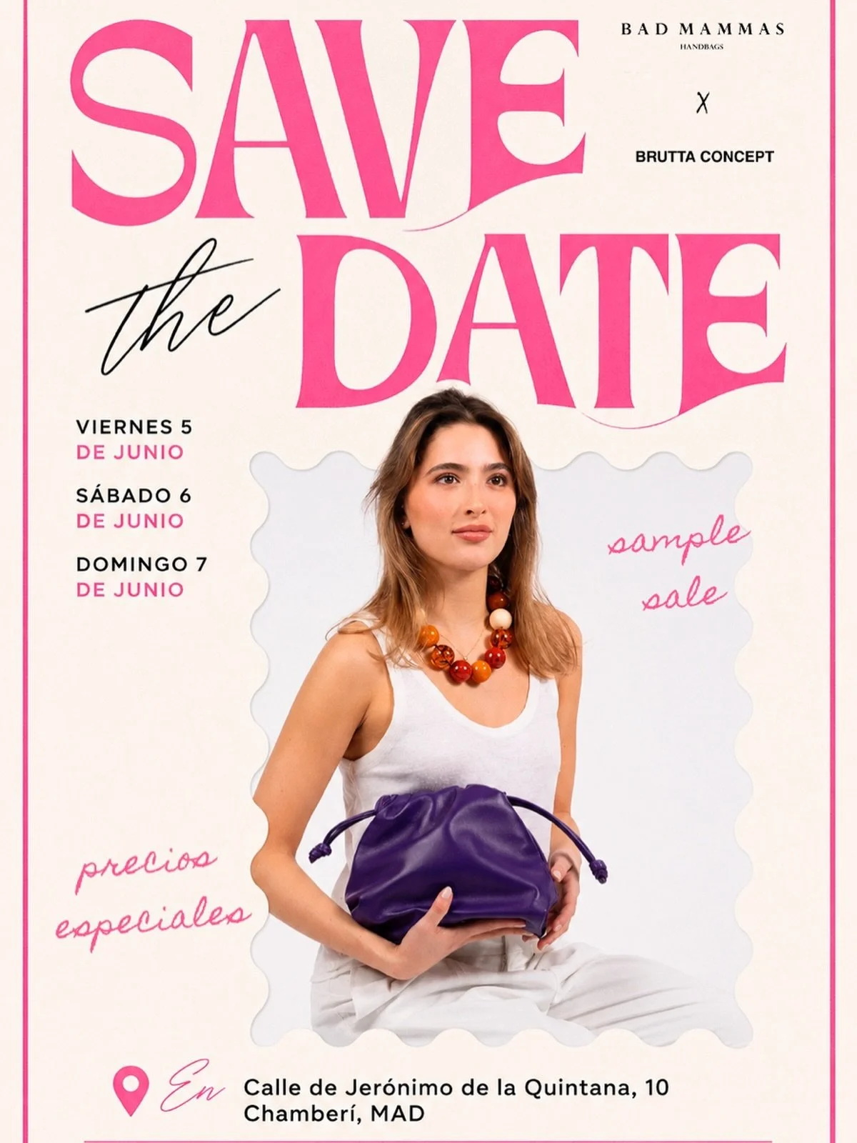 💗 ESTE FIN DE SEMANA: SAMPLE SALE!!! 💗

Madrid tiene una cita con el dise&ntilde;o, la artesan&iacute;a y los accesorios que elevan cualquier look sencillo.

Desde hoy y hasta el domingo estaremos en Brutta Concept compartiendo una selecci&oacute;n