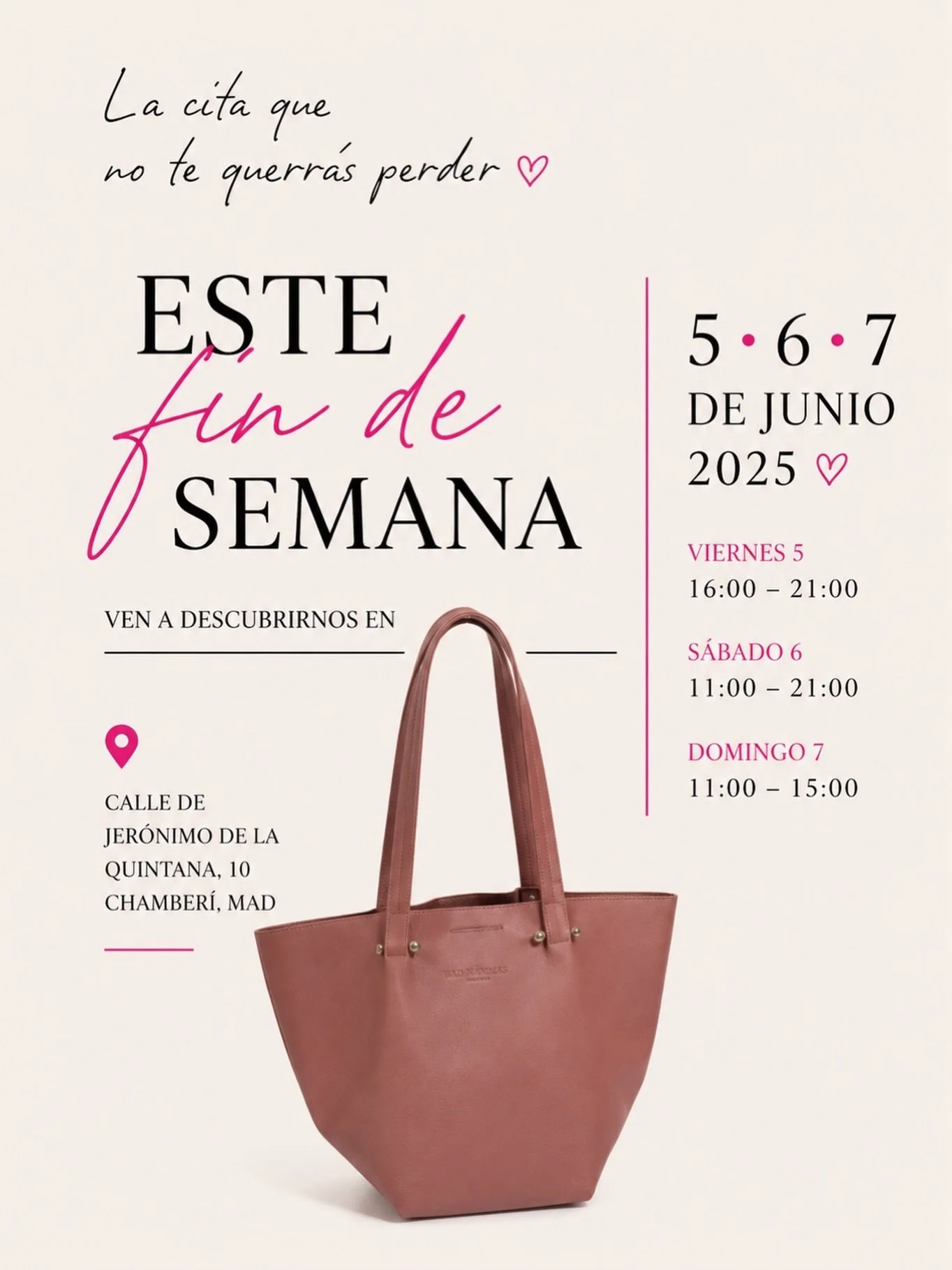 PRECIOS ESPECIALES 💕 SAMPLE SALE MADRID 🌞
&iexcl;Las mejores cosas suelen ocurrir los fines de semana!

Un bolso que te acompa&ntilde;e durante a&ntilde;os.
Una conversaci&oacute;n inesperada.
Una tienda bonita en el coraz&oacute;n de Madrid: Chamb