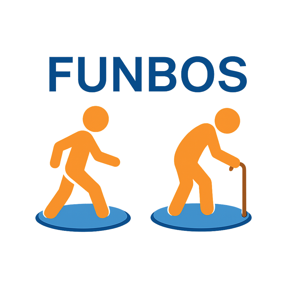 Neon sign with the word "FUNBOS" and two orange glowing human figures, one walking and one using a cane, on blue oval bases.