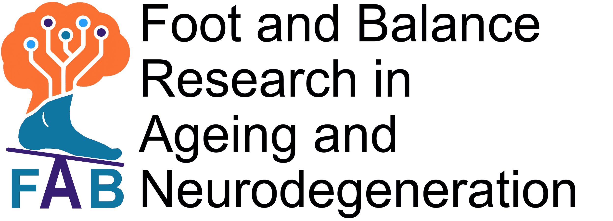 Graphic with a stylized orange brain connected to circuit lines on the left. Text reads: "Foot and Balance Research in Aging and Neurodegeneration."