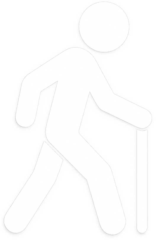 A white walking person icon with a cane on a black background.