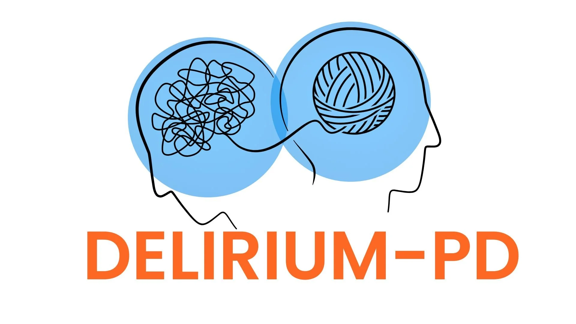 Illustration of two human heads with overlapping circles representing the brain, one with a tangled scribble and the other with a ball of yarn, beneath the text 'Delirium-PD' in orange.