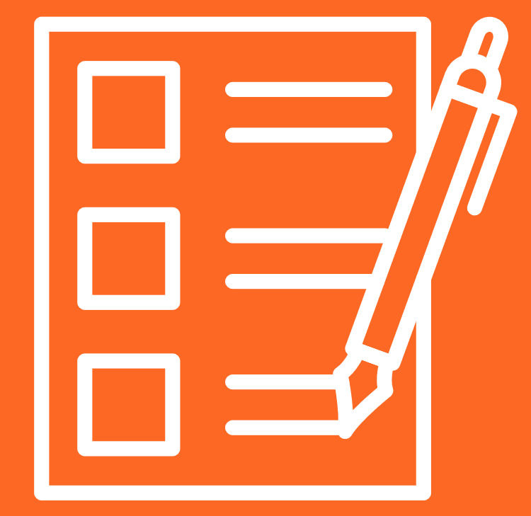 White checklist with three checkboxes and a pen on an orange background.