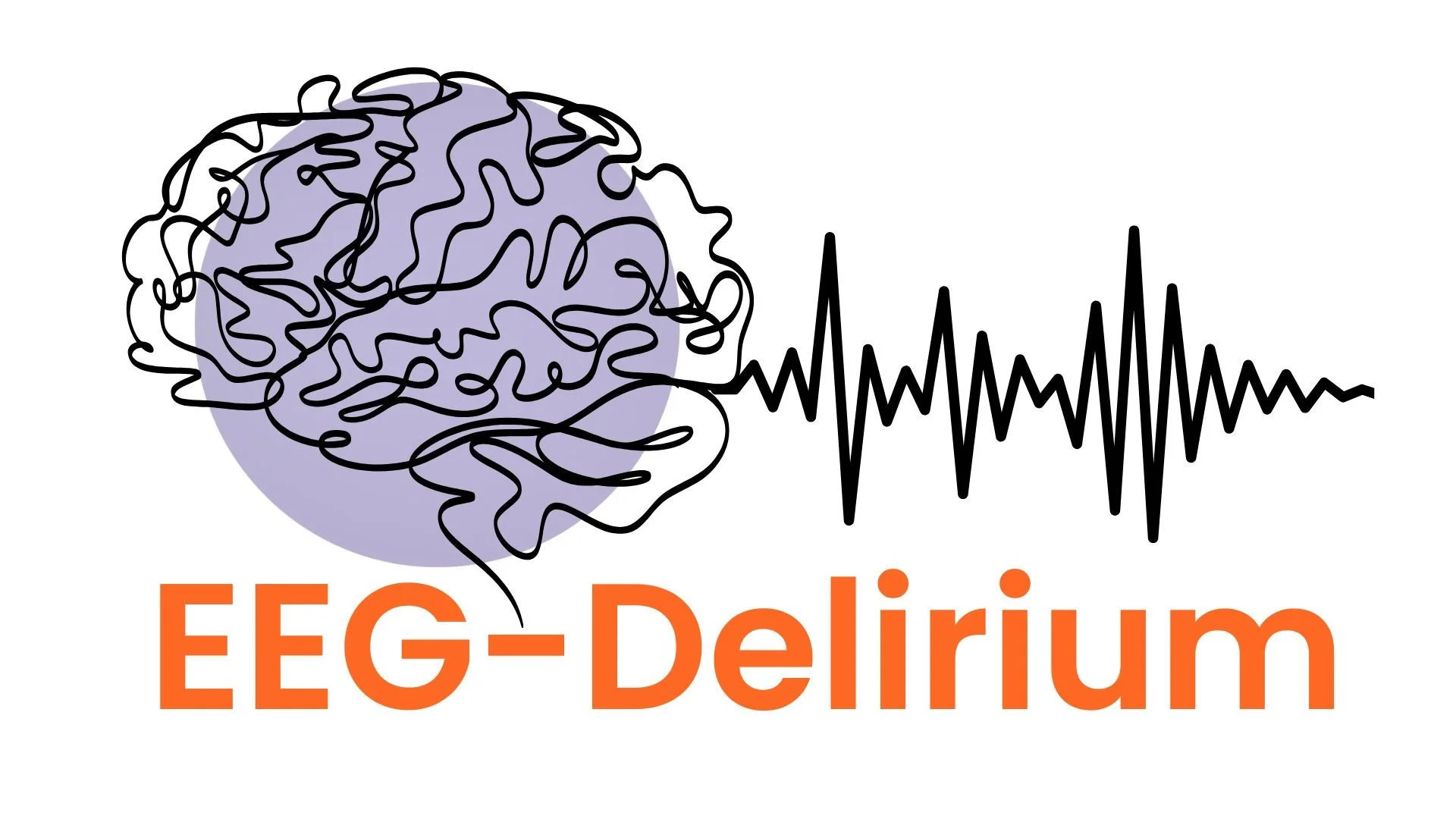 Illustration of a brain with an EEG line pattern connecting to the bottom text 'EEG-Delirium' in orange.