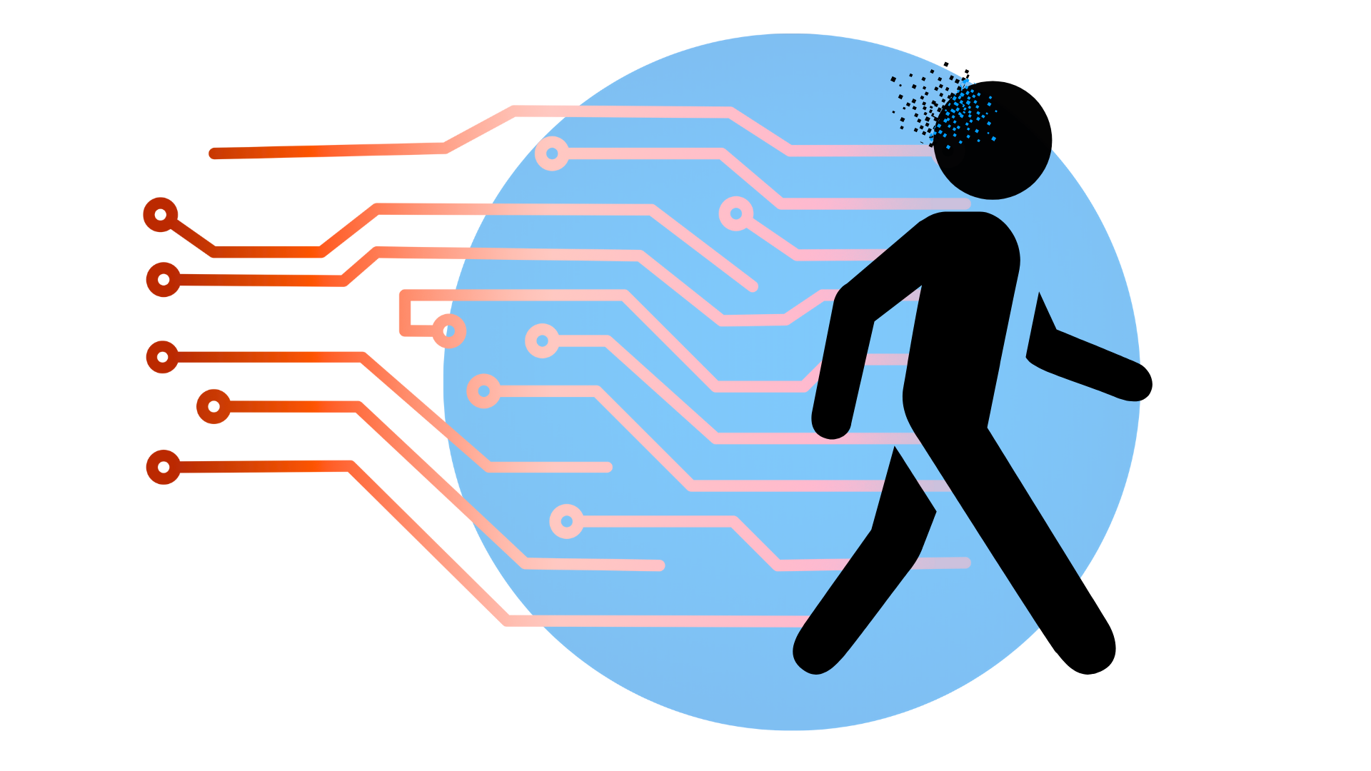 A digital illustration of a person walking into a large blue circle with circuit lines, symbolizing technology or artificial intelligence.