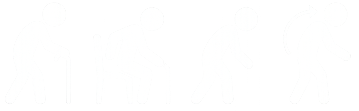 Sequence of five white human figures illustrating the phases of aging, from young to old, with the second figure sitting on a chair and the last figure with an arrow indicating movement or transformation.